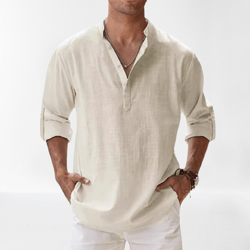 Casual linen blend henley shirt for men -5