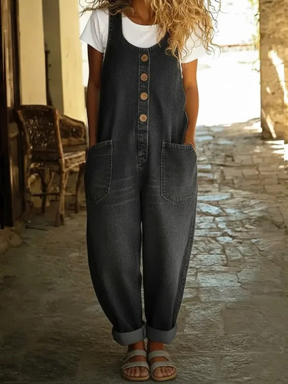 Sleeveless washed denim casual jumpsuit for women | Maren -4