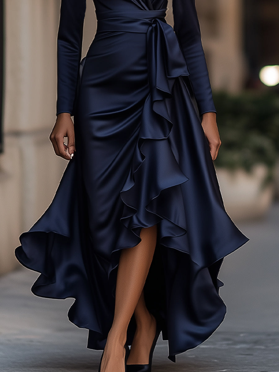 Midnight draped satin ruffle maxi dress for women -3