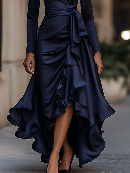 Midnight draped satin ruffle maxi dress for women -3