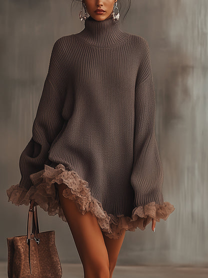 Ruffled high-collar knit mini dress for women | Nina -1