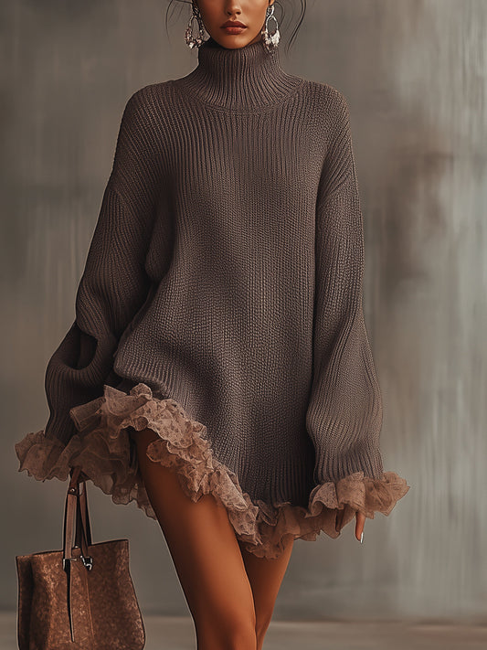 Ruffled high-collar knit mini dress for women | Nina -1