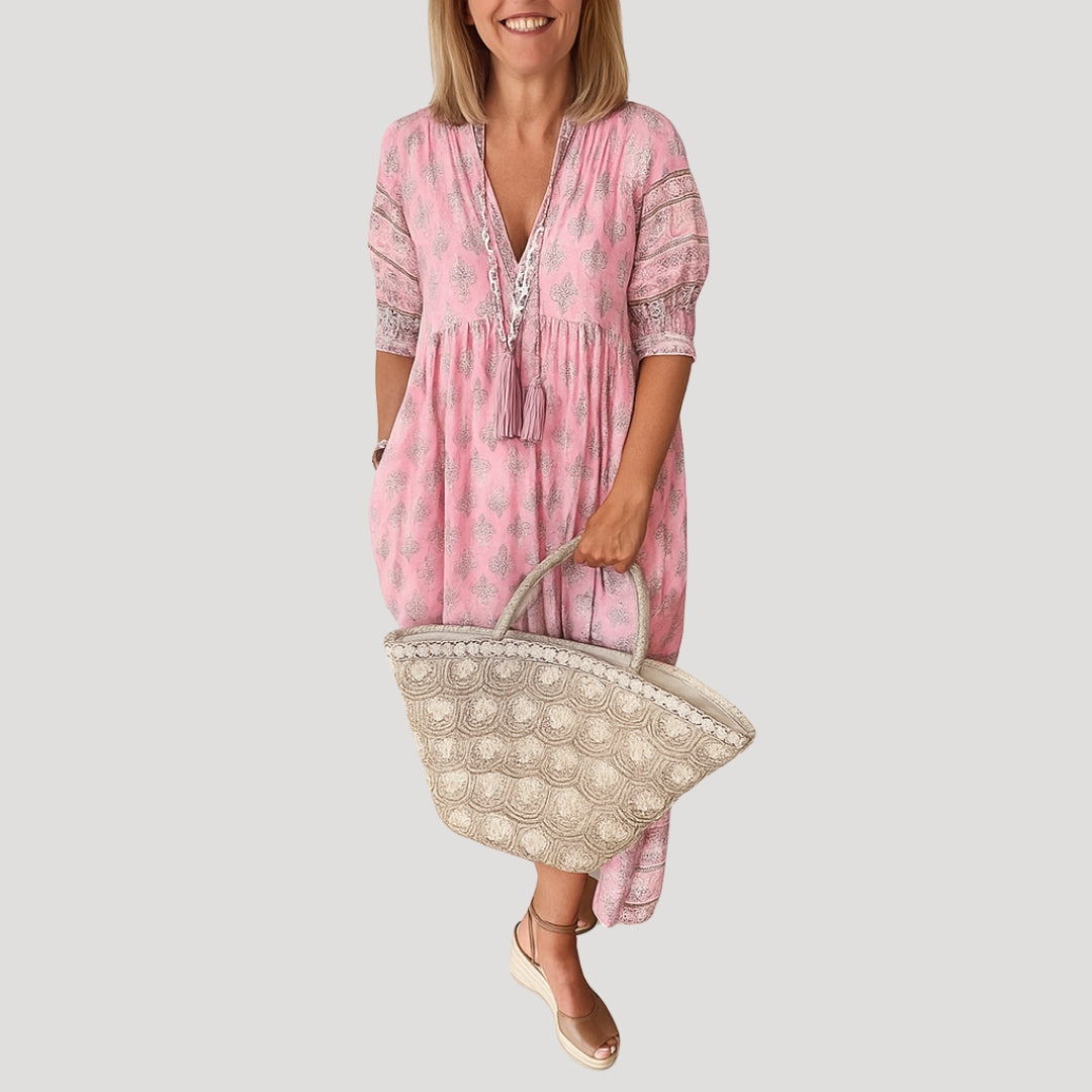 Crepe Boho midi dress with printed design for women | Liora