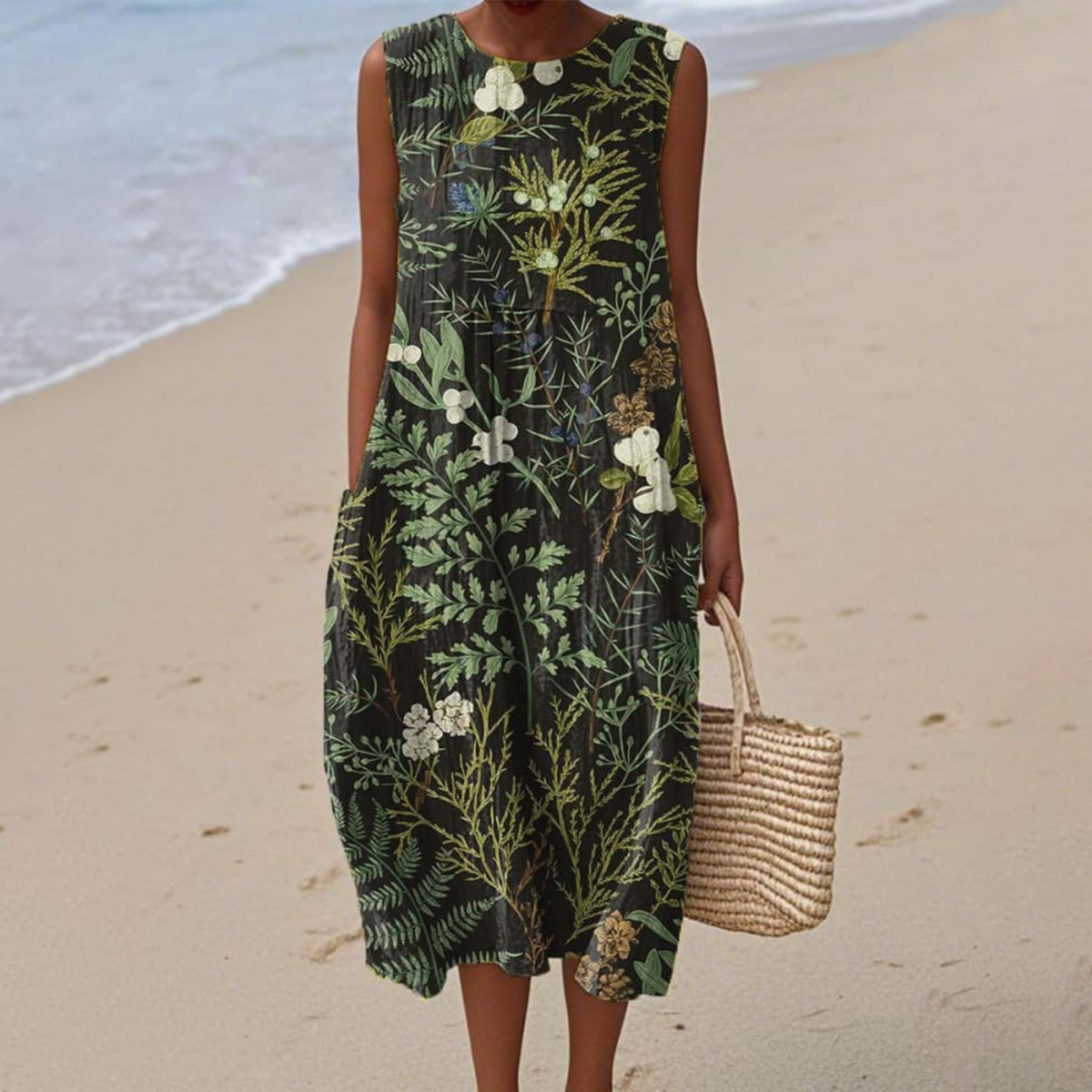 Cowled Artistic sleeveless dress with flowing silhouette for women | Leilani
