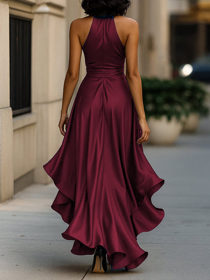 Sleek satin halter ruffle evening gown for women -8
