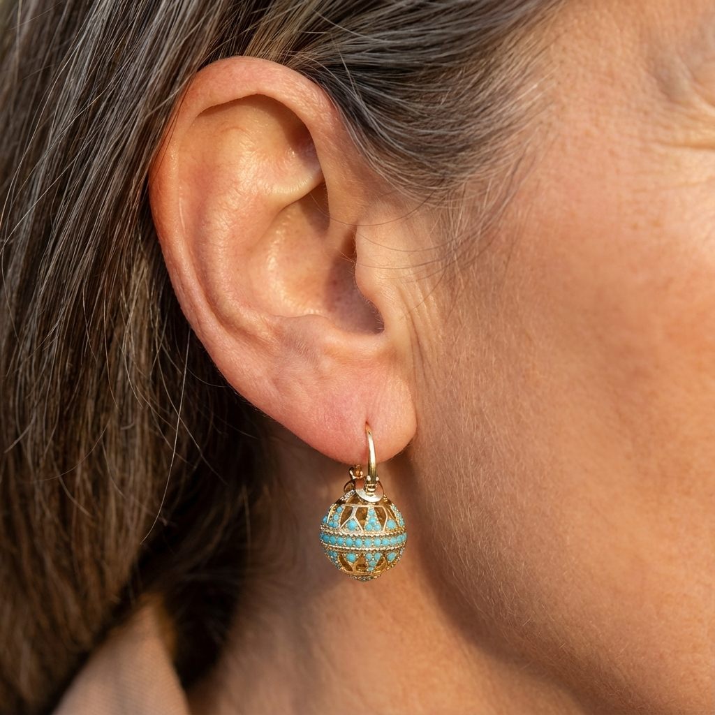 Heritage Globe drop earrings with filigree-inspired detail for women | Elowyn