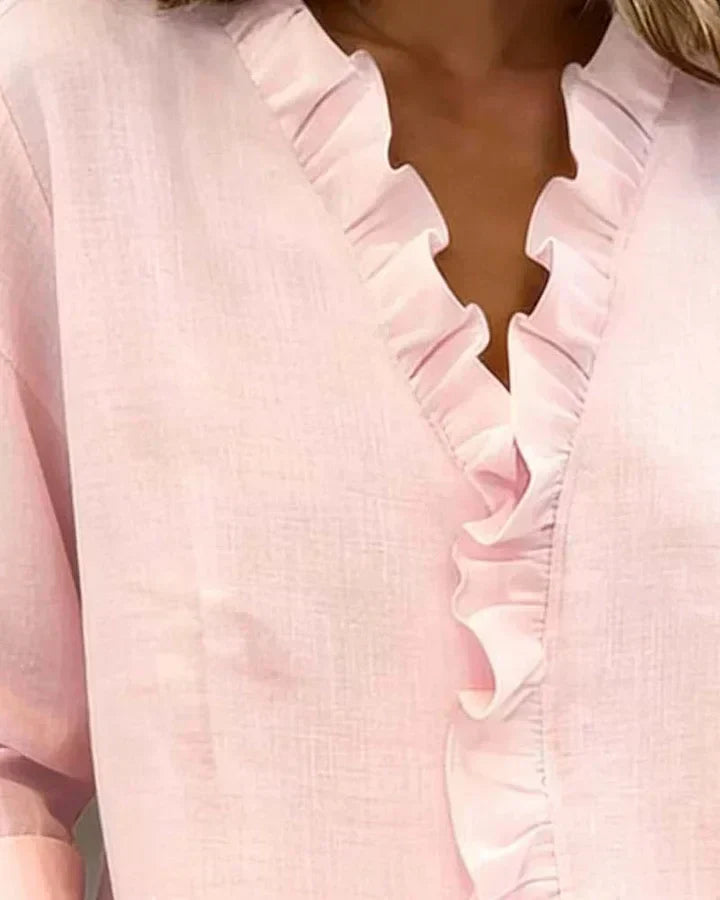 Crew Blouse with ruffled V-neck and long sleeves for women | Indie