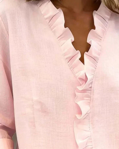 Crew Blouse with ruffled V-neck and long sleeves for women | Indie