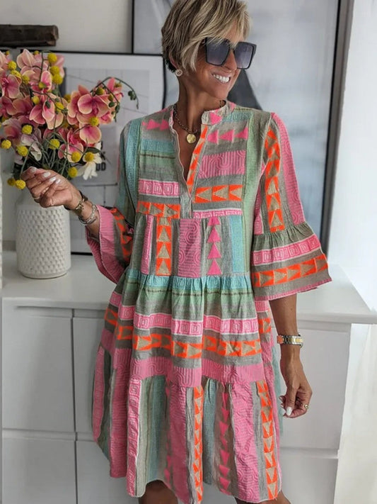 Vintage Chic V-neck cotton hemp summer dress for women | Ava
