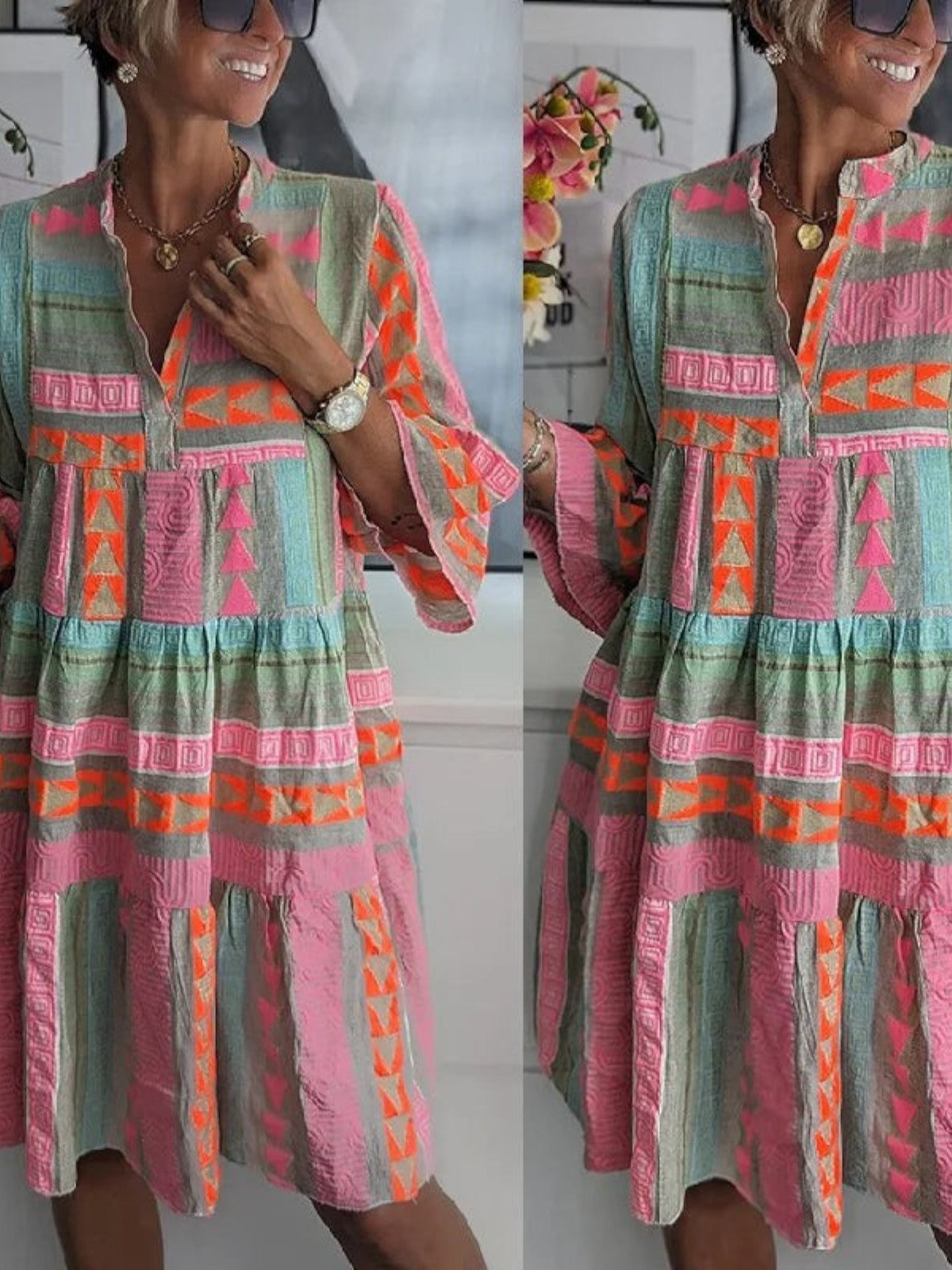 Vintage Chic V-neck cotton hemp summer dress for women | Ava