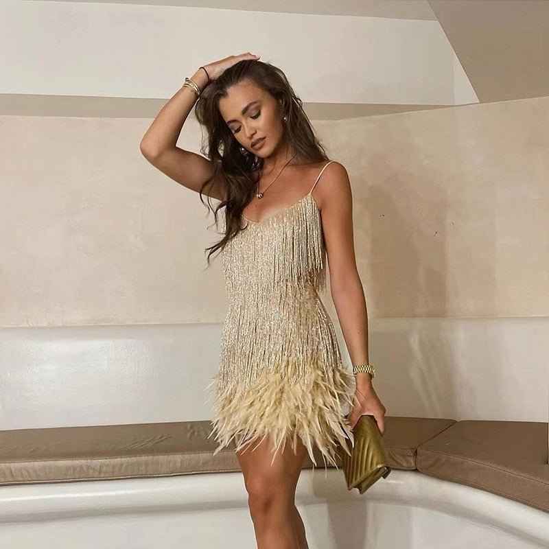 Elegant feather-trim flattering mini dress for women -4