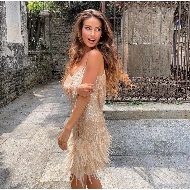 Elegant feather-trim flattering mini dress for women -3