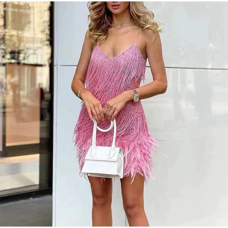 Elegant feather-trim flattering mini dress for women -7