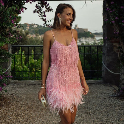 Elegant feather-trim flattering mini dress for women -8