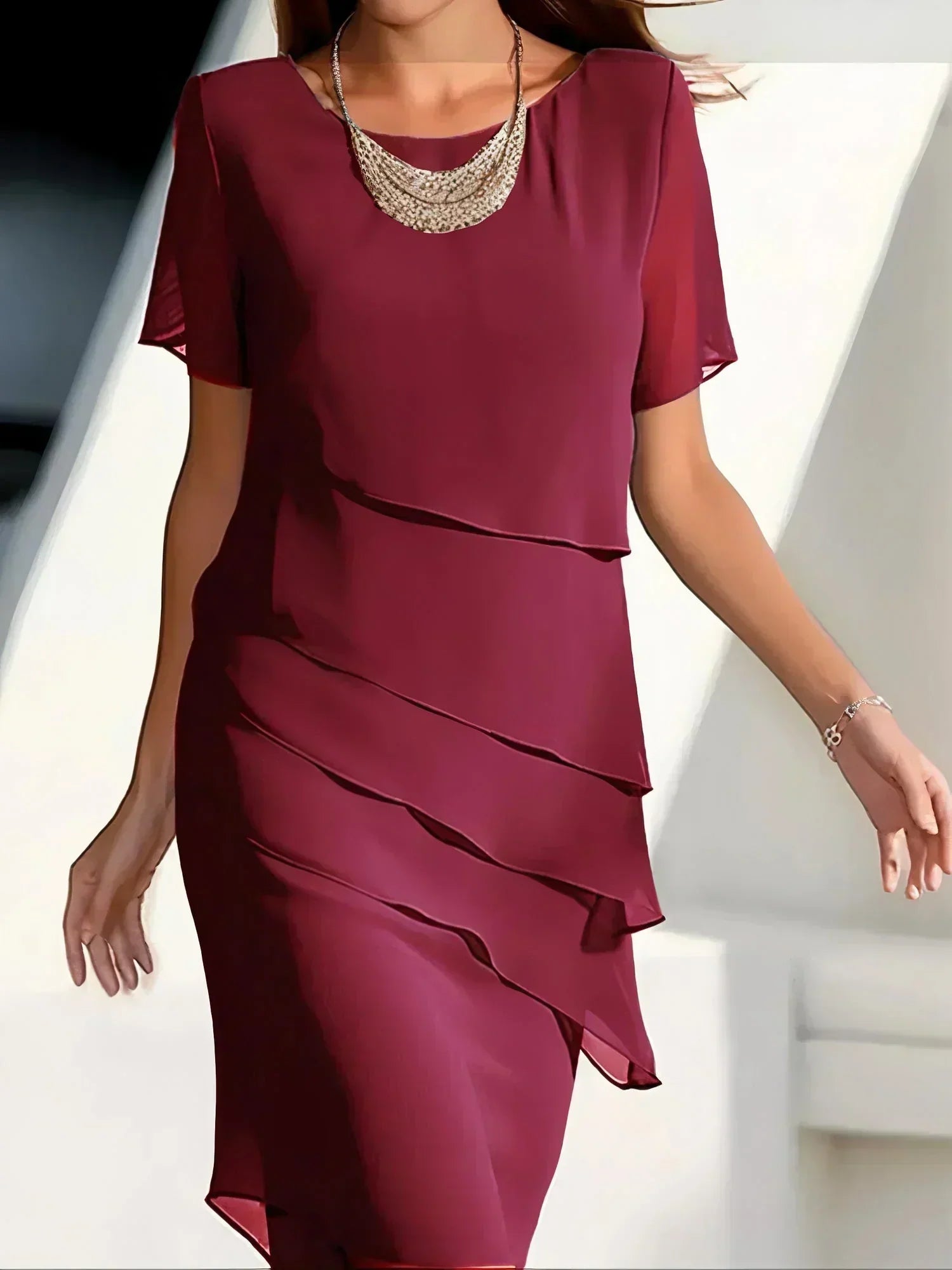 Elegant sheer-sleeve layered midi dress for women | Kendra -2