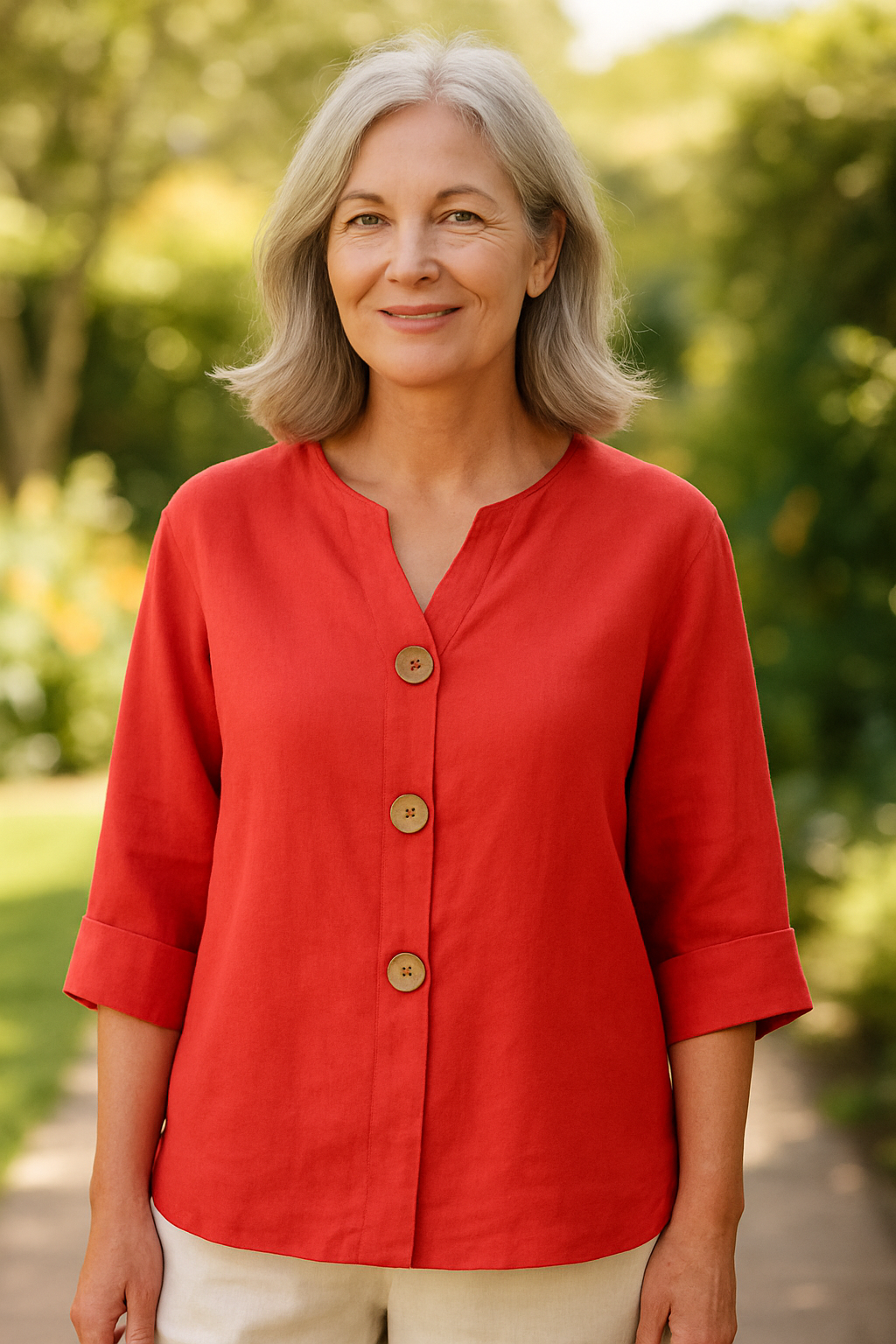 Patterned Cotton-linen button blouse for women | Sage
