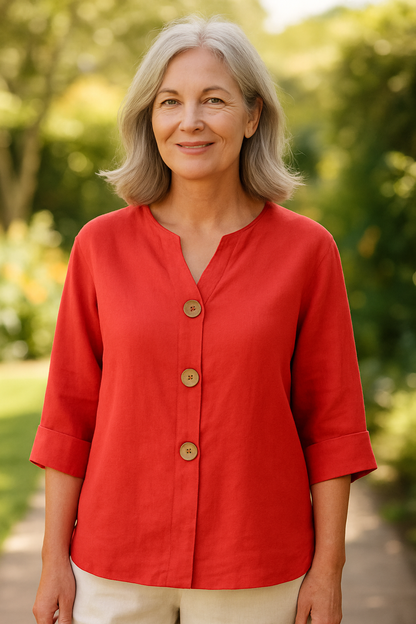 Patterned Cotton-linen button blouse for women | Sage