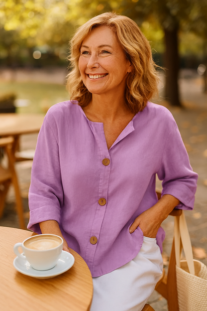 Patterned Cotton-linen button blouse for women | Sage