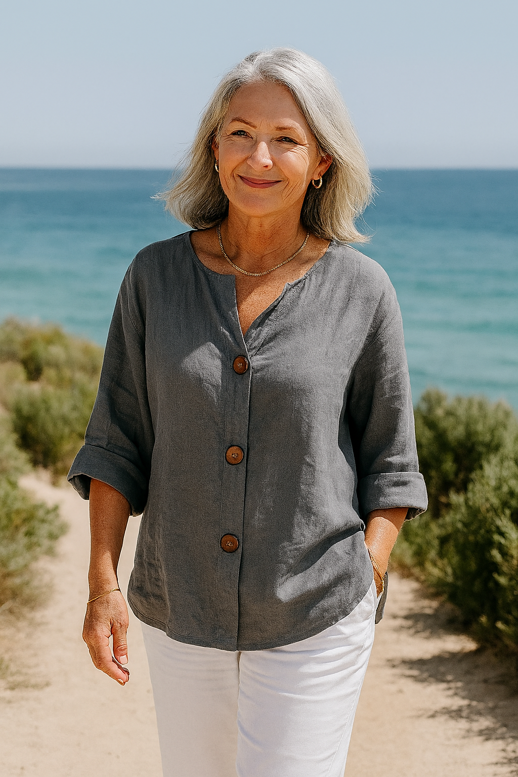 Patterned Cotton-linen button blouse for women | Sage
