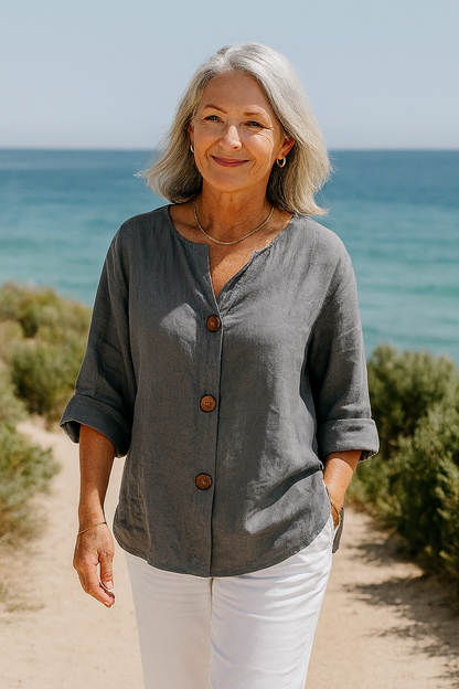 Patterned Cotton-linen button blouse for women | Sage