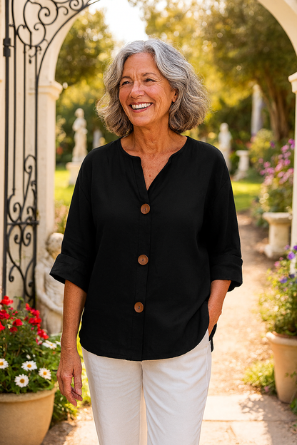 Patterned Cotton-linen button blouse for women | Sage
