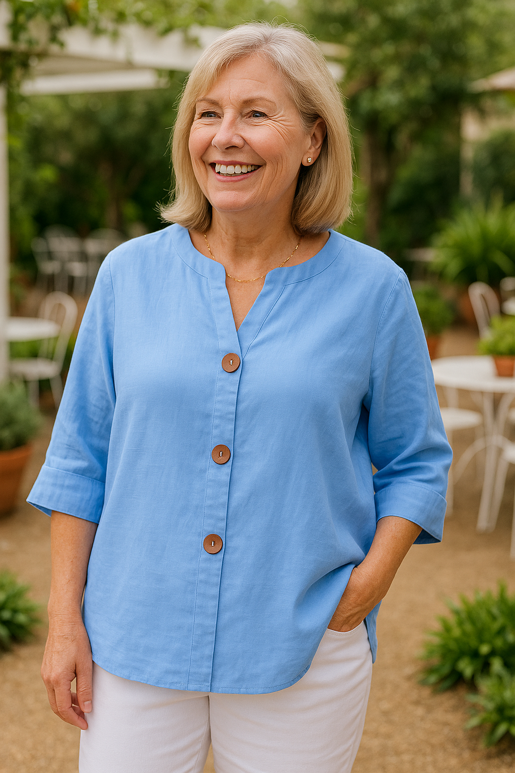 Patterned Cotton-linen button blouse for women | Sage