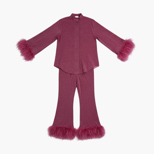 Feather-trim button-front two-piece set for women -1