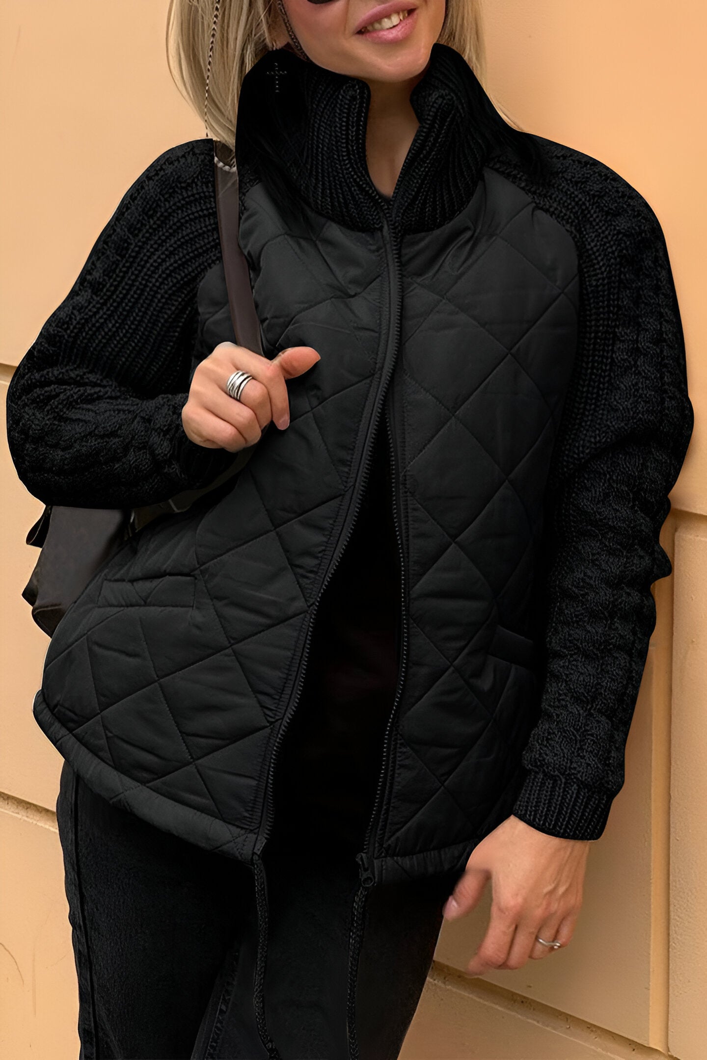Knitted patchwork zip-up jacket for women | Aniya -4
