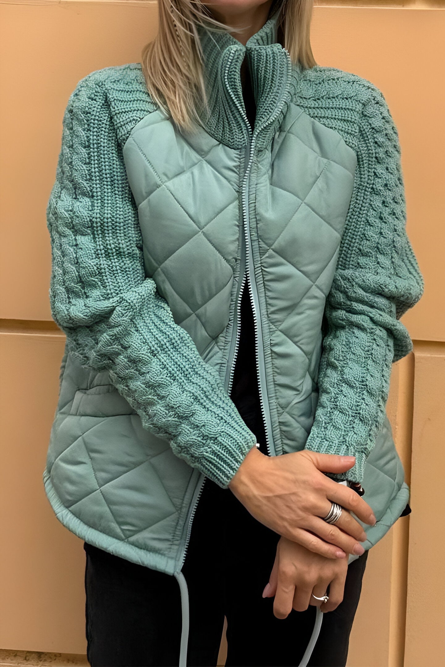 Knitted patchwork zip-up jacket for women | Aniya -6