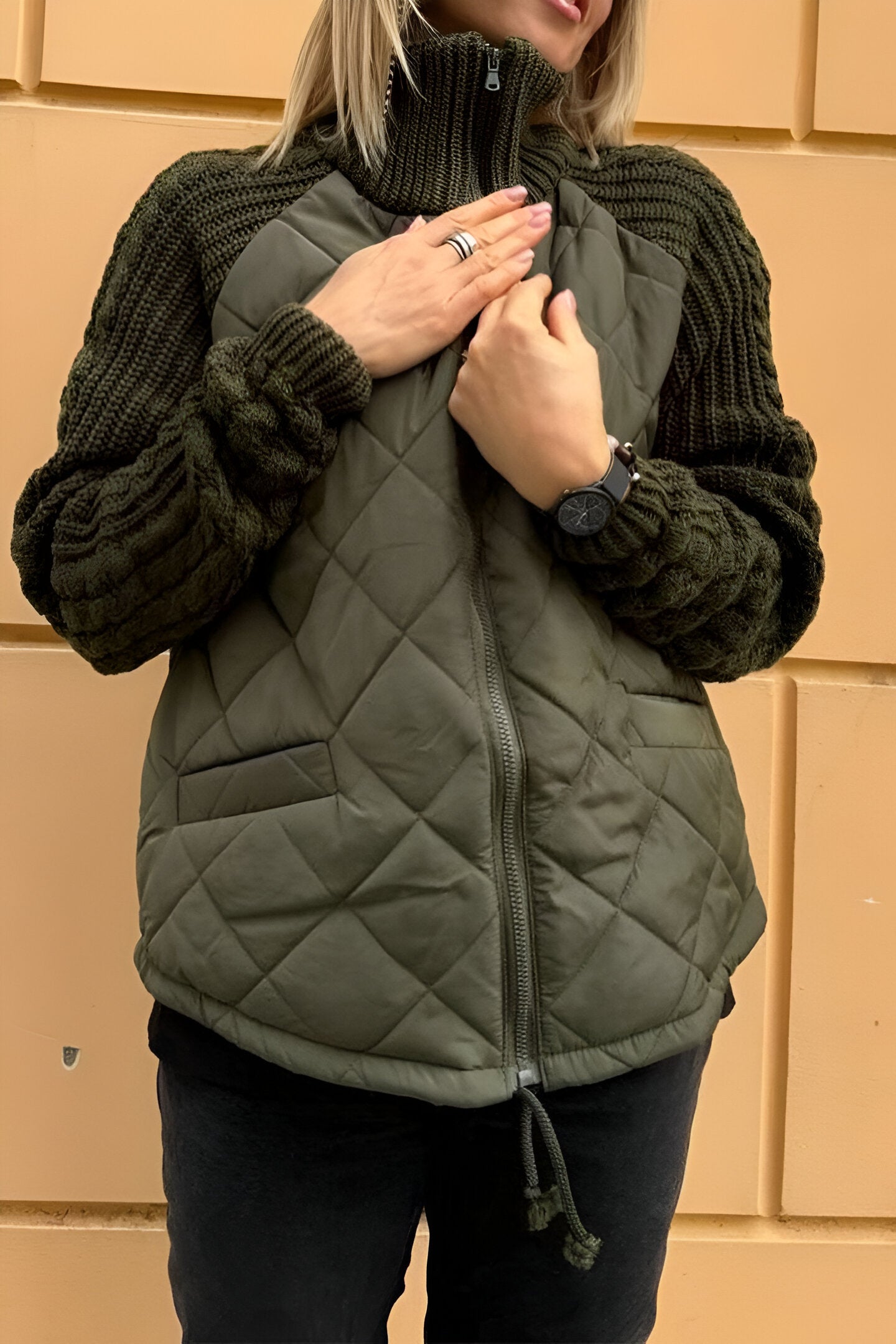 Knitted patchwork zip-up jacket for women | Aniya -7