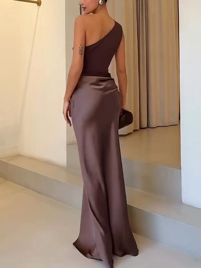 Elegant one-shoulder pleated maxi dress for women | Anita -7