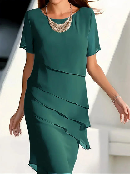 Elegant sheer-sleeve layered midi dress for women | Kendra -5