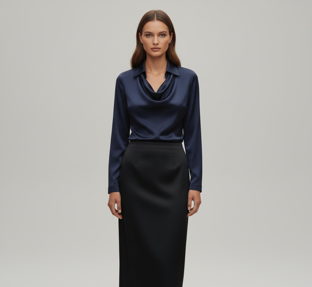 Statement Elegant satin blouse with soft draped collar for women | Valerios