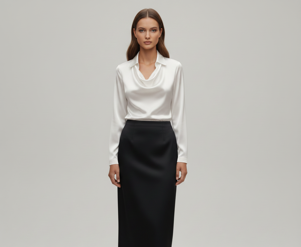 Statement Elegant satin blouse with soft draped collar for women | Valerios