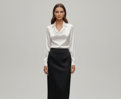 Statement Elegant satin blouse with soft draped collar for women | Valerios