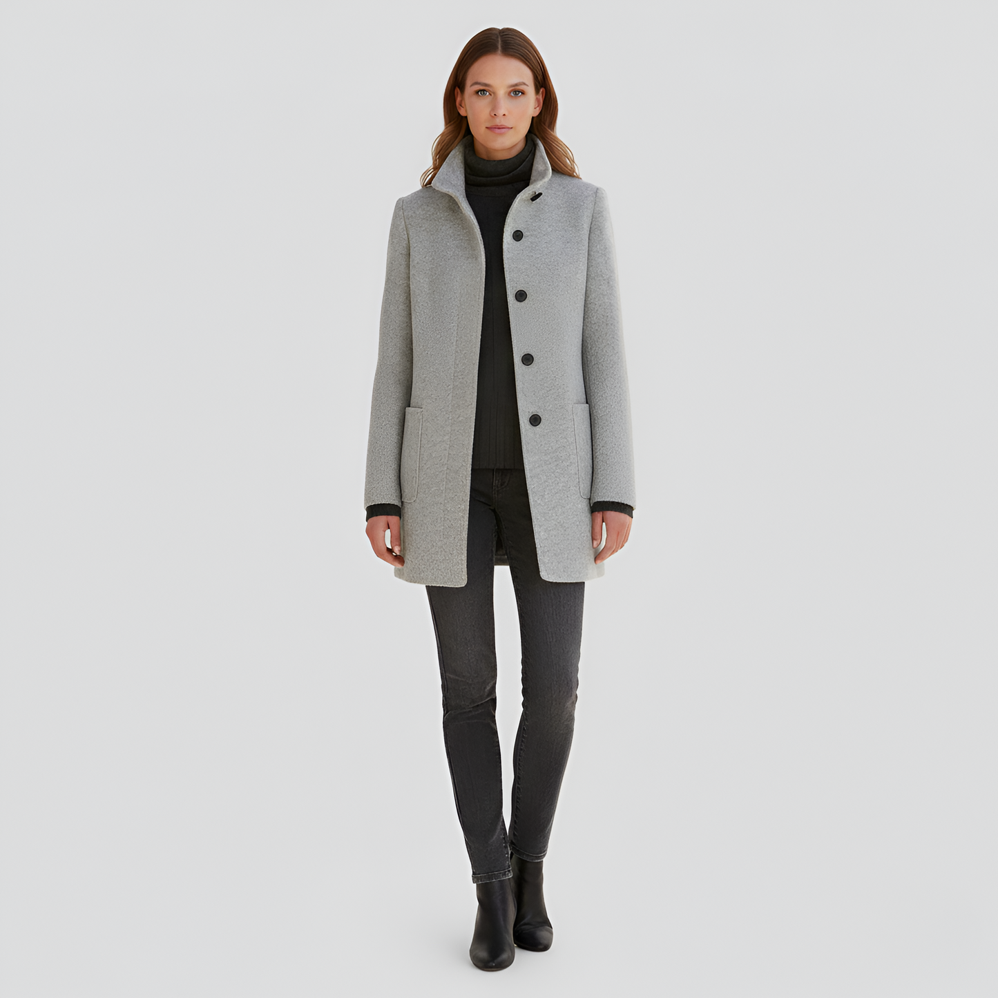 Wrapped Elegant button-front coat with high collar for women | Valerios