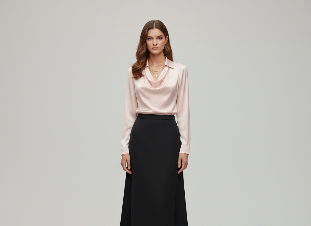 Statement Elegant satin blouse with soft draped collar for women | Valerios