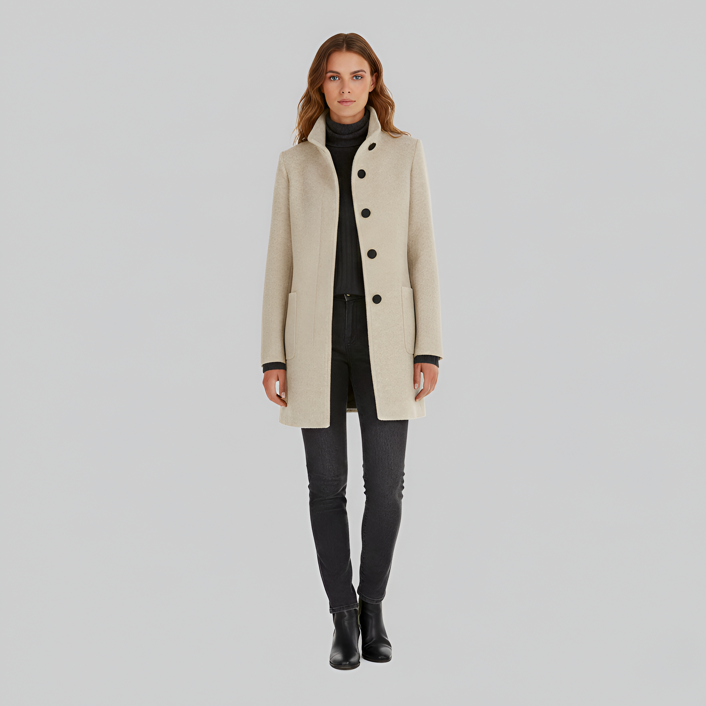 Wrapped Elegant button-front coat with high collar for women | Valerios