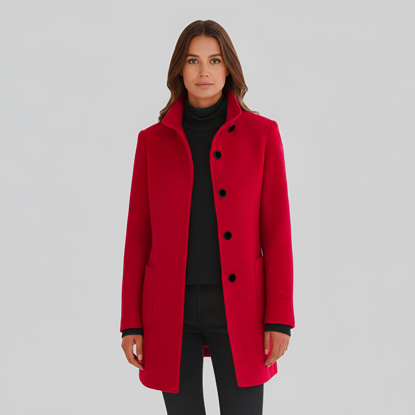 Wrapped Elegant button-front coat with high collar for women | Valerios