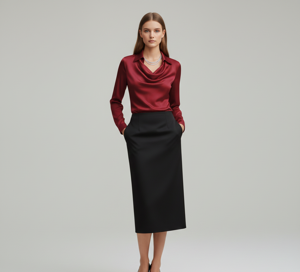Statement Elegant satin blouse with soft draped collar for women | Valerios