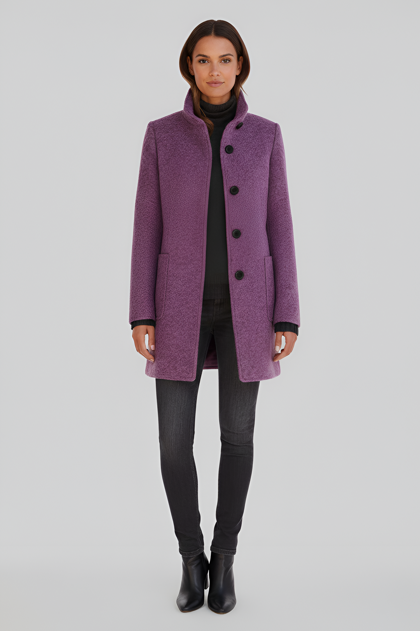 Wrapped Elegant button-front coat with high collar for women | Valerios