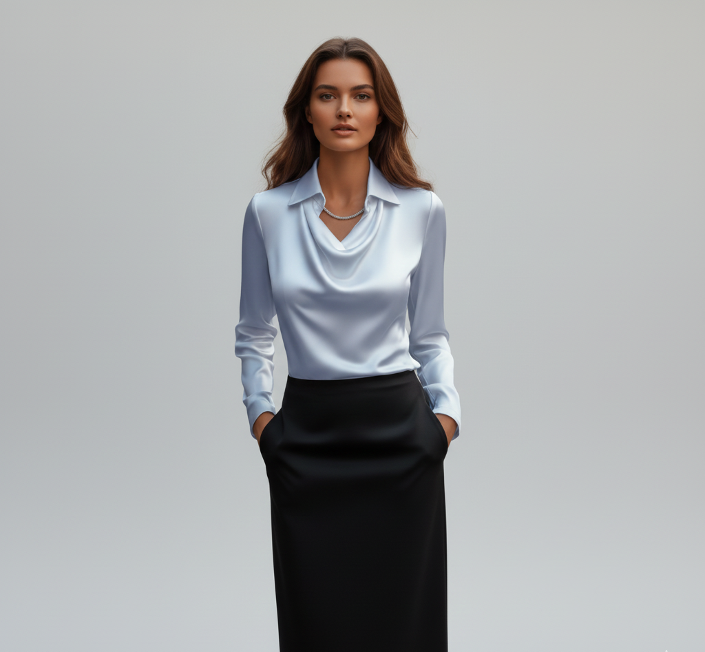 Statement Elegant satin blouse with soft draped collar for women | Valerios