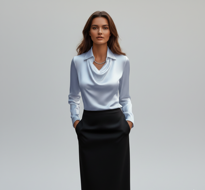 Statement Elegant satin blouse with soft draped collar for women | Valerios