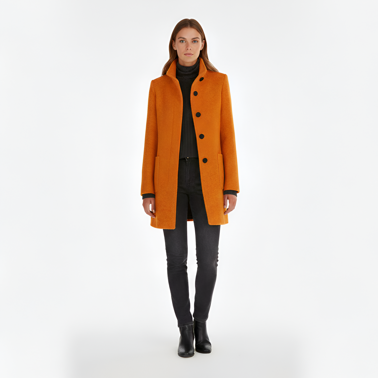 Wrapped Elegant button-front coat with high collar for women | Valerios