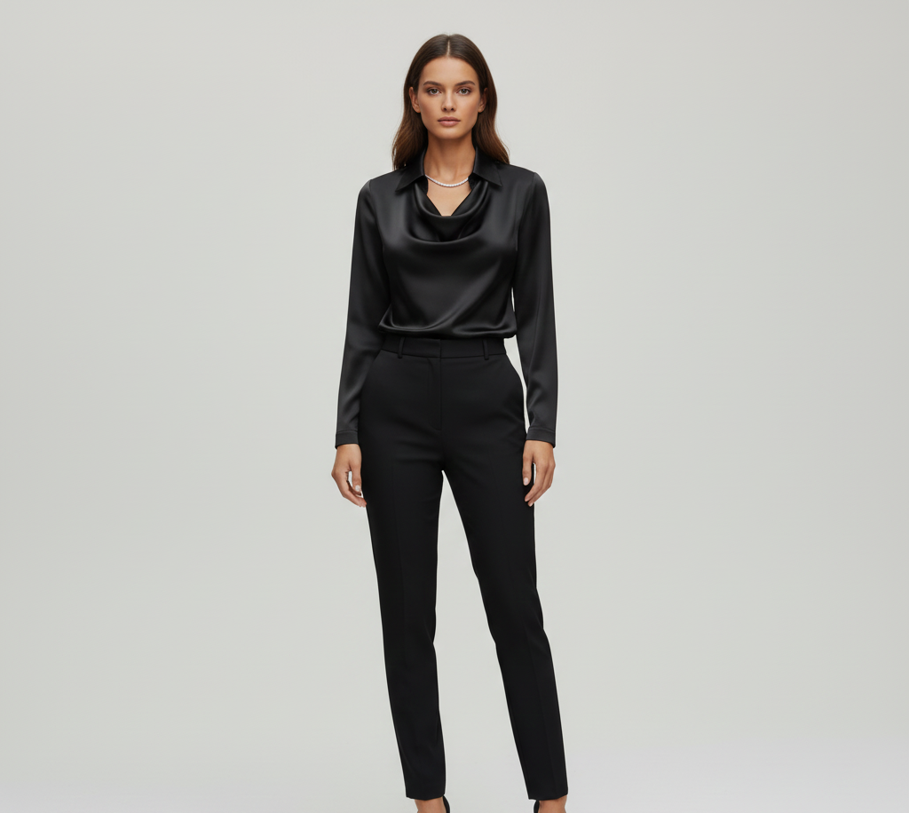 Statement Elegant satin blouse with soft draped collar for women | Valerios