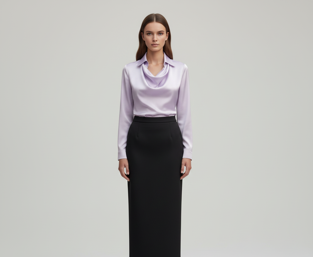 Statement Elegant satin blouse with soft draped collar for women | Valerios