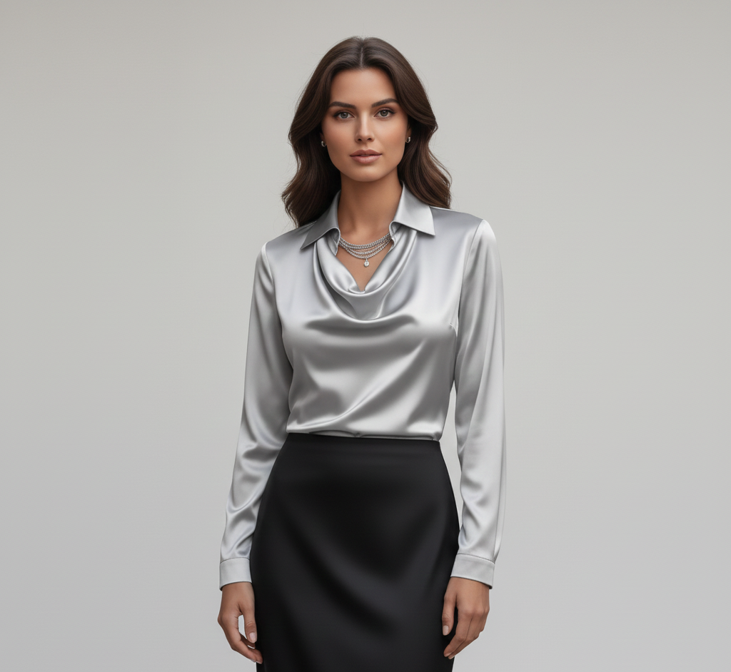 Statement Elegant satin blouse with soft draped collar for women | Valerios