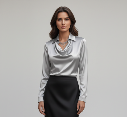 Statement Elegant satin blouse with soft draped collar for women | Valerios