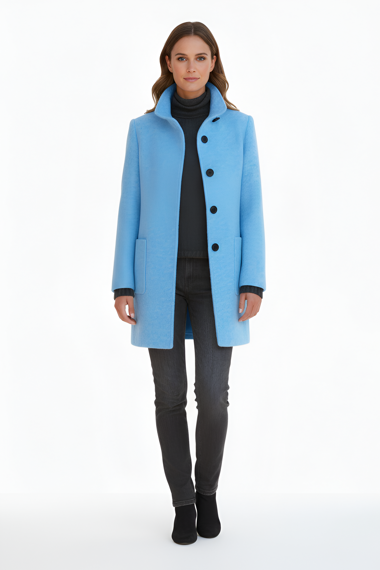 Wrapped Elegant button-front coat with high collar for women | Valerios