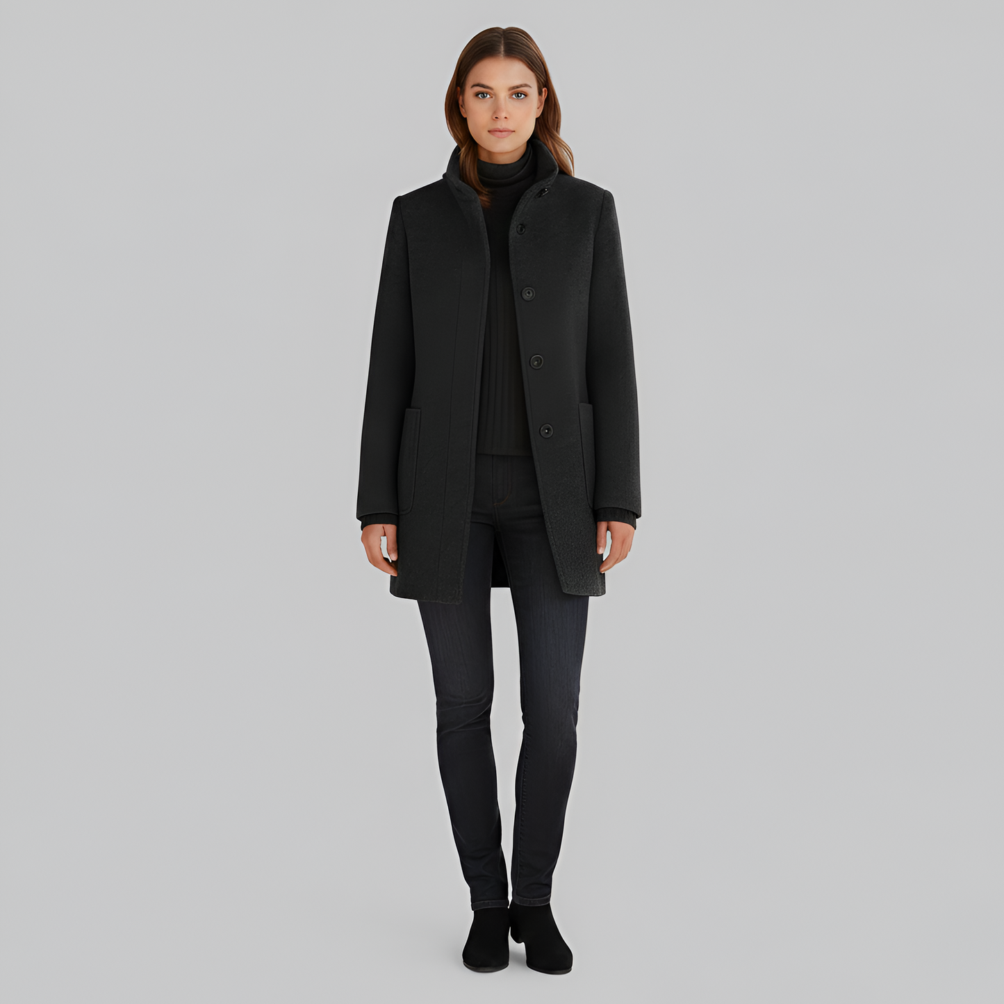Wrapped Elegant button-front coat with high collar for women | Valerios